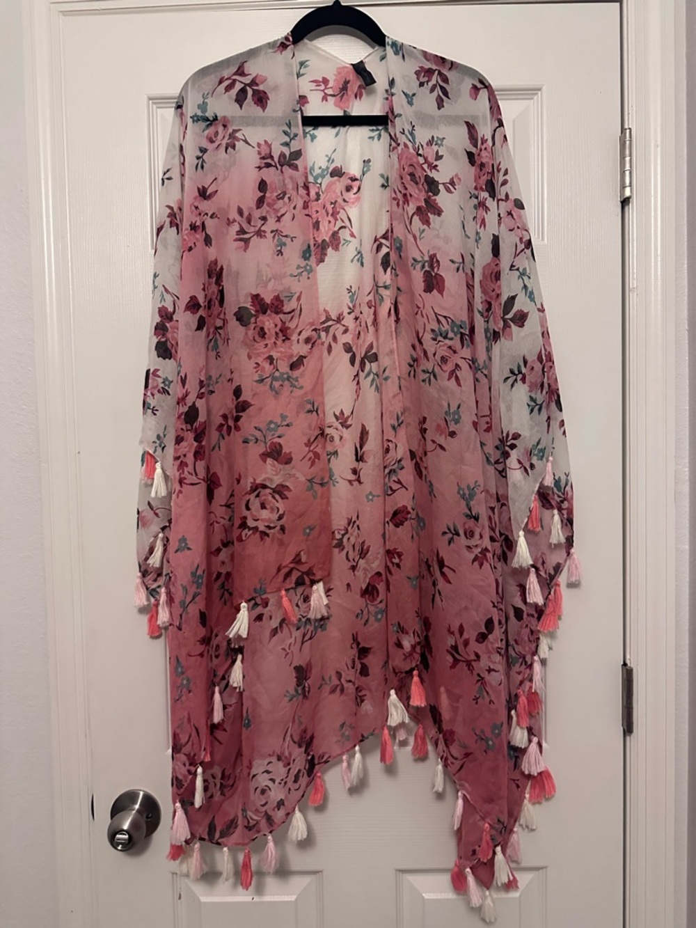 Lane Bryant Floral Sheer Pink and White Kimono with Tassels